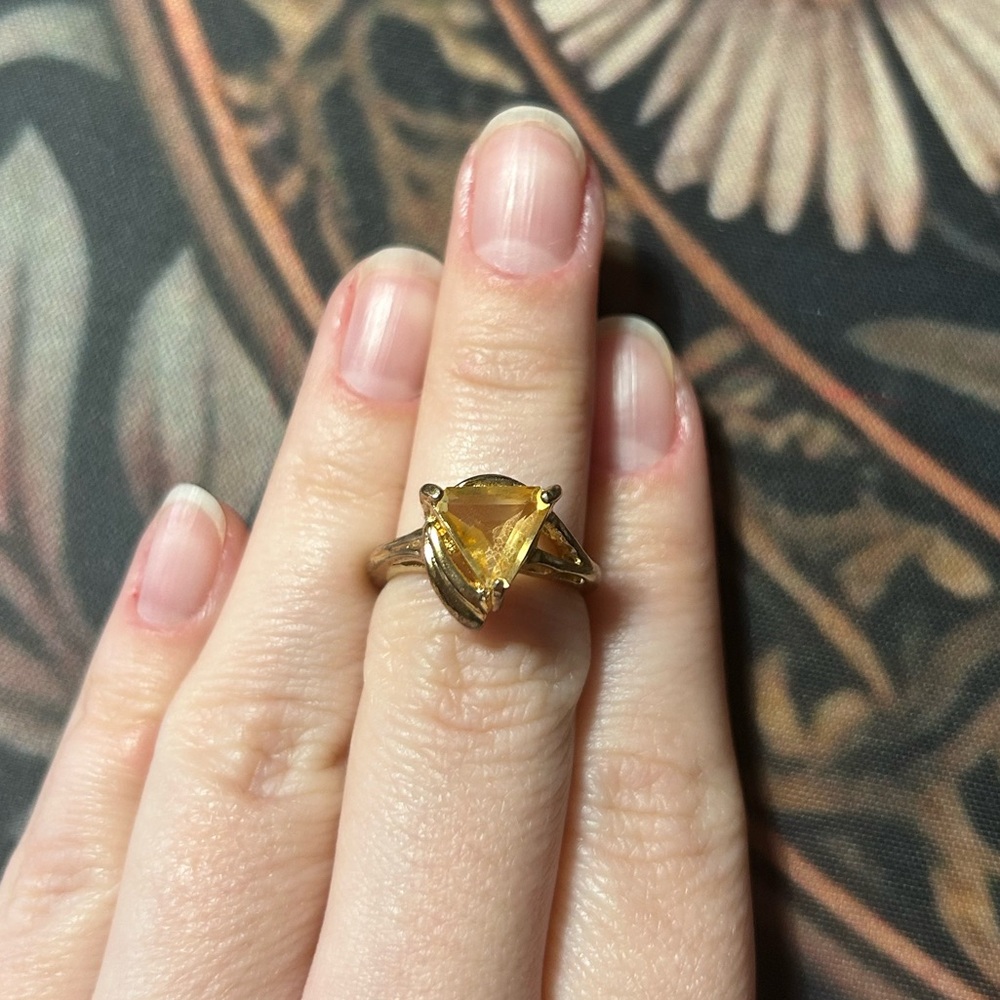 Gold-Tone Modernist Triangular Statement Ring | Sterling Silver | Yellow Stone